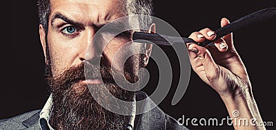 Barber straight razor, barber shop, suit. Vintage barber shop, shaving. Portrait bearded man. Vintage barbershop Stock Photo