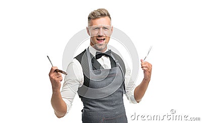Barber tools. Luxury service. Vintage barber hairdresser. Barber in bow tie hold hairdresser equipment blade and Stock Photo