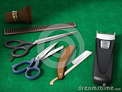 Barber tools standing on green background. 3D illustration Cartoon Illustration