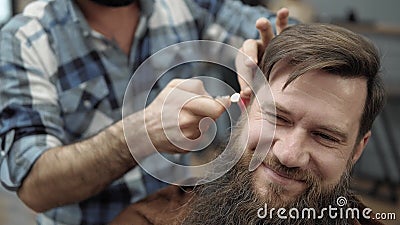 Barber Use Fire With Adult Men With A Long Beard In The Men S Hair