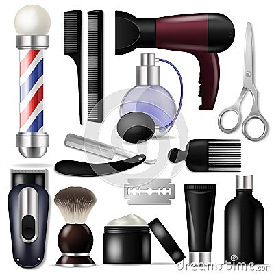 Barber vector barbershop equipment or hairdresser tools for haircutting illustration shaving-set of razor scissors and Vector Illustration