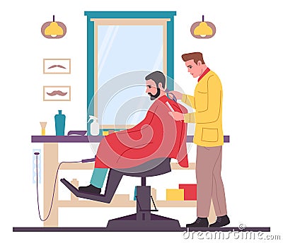 Barbers with men clients. Hairdressers give haircuts. Shampooing and cutting. Trimming in professional male salon Vector Illustration