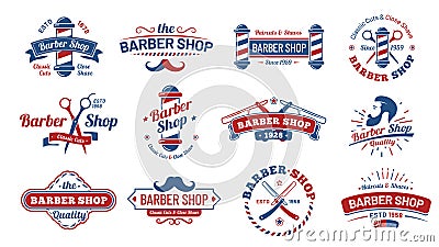 Barbershop badges. Vintage barber label, retro shave salon badge and gentleman haircut old sign vector illustration set Vector Illustration