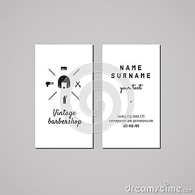 Barbershop business card design concept. Barbershop logo with bob hair woman. Vintage, hipster and retro style. Black and white. Vector Illustration