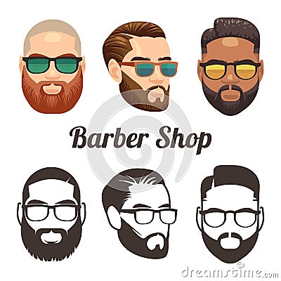 Barbershop cartoon and outline vector logos with stylish hipster men Vector Illustration