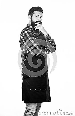 Barbershop concept. Hairdresser barber salon for men. Man brutal bearded hipster wear apron uniform. Barbershop staff Stock Photo