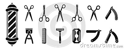 Barbershop elements icons. Blades and scissors icons. Barbershop symbol set. Silhouette style icon set Vector Illustration