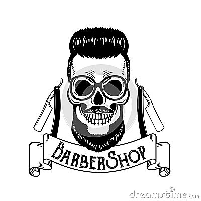 Barbershop emblem, barbershop logo or badge for barber shop signboard, posters Skull with blades and hipster beard and Stock Photo