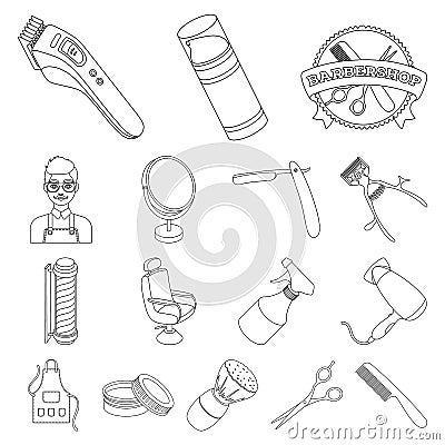 Barbershop and equipment outline icons in set collection for design. Haircut and shave vector symbol stock web Vector Illustration
