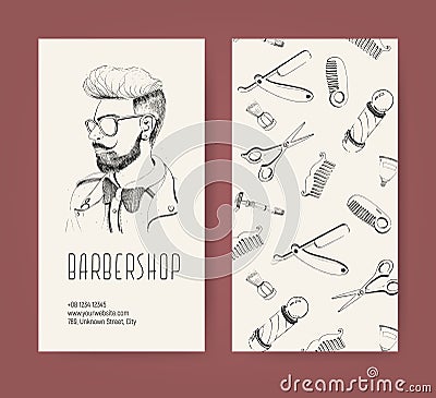 Barbershop flyer with barber tools and trendy man haircut. Monochrome vector illustration. Vector Illustration