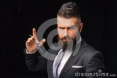 Barbershop. Hair salon and barber vintage. Barber on black background with copy space. Beard care. Haircuts for men Stock Photo