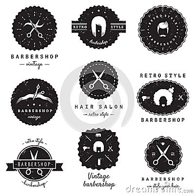 Barbershop (hair salon) logo-badges vintage vector set. Hipster and retro style. Vector Illustration