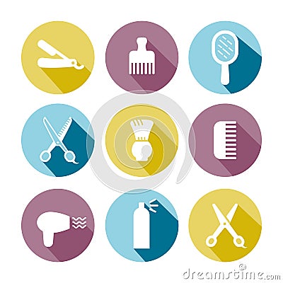Barbershop (hair salon) vector icons set (light blue, light yellow, light violet). Vector Illustration