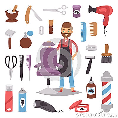 Barbershop hairdresser beard hipster man vector character making haircut saloon tools beauty barber shop hair care Vector Illustration