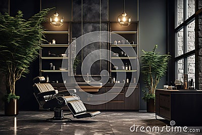 Barbershop interior, modern hair beauty salon with dark design Stock Photo