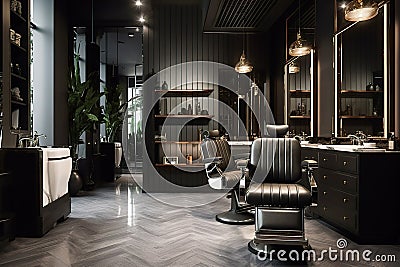 Barbershop interior, modern hair beauty salon with dark design Stock Photo