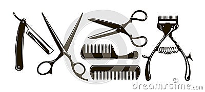 Barbershop items such as scissors, comb, razor, mechanical hair clipper. Retro vector silhouettes Vector Illustration