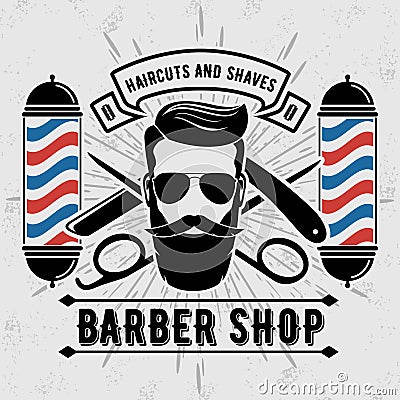 Barbershop Logo with barber pole in vintage style Vector Illustration