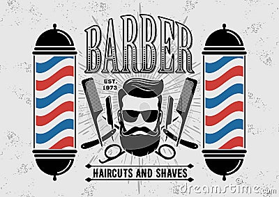 Barbershop Logo with barber pole in vintage style Vector Illustration