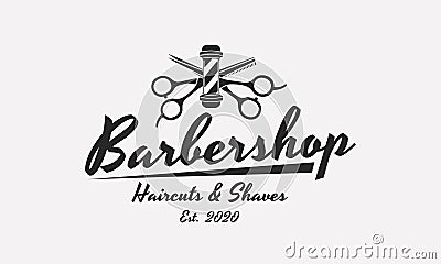 Barbershop logo, emblem, sign, label. Barber shop logo with barbershop pole and scissors. Vintage poster. Retro print for typograp Stock Photo