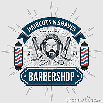 Barbershop logo, poster or banner design concept with barber pole. Vector illustration Vector Illustration