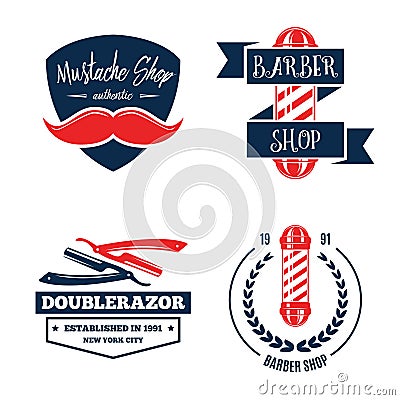 Barbershop logo vintage isolated set vector illustration. Hairdresser symbols. Beard badge. Barbershop label collection. Vector Illustration