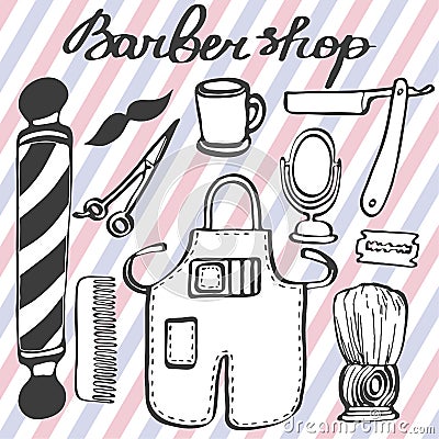 Barbershop set. Hand-drawn cartoon hairdressing stuff. Doodle drawing. Vector Illustration