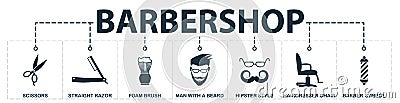 Barbershop set icons collection. Includes simple elements such as scissors, straight razor, foam brush, hairdresser chair, hipster Stock Photo