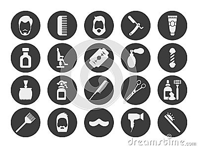 Barbershop symbols. Barber tools. Hair cutting silhouette icons. Beauty salon supply. Man fashion hairstyling. Hipster Vector Illustration