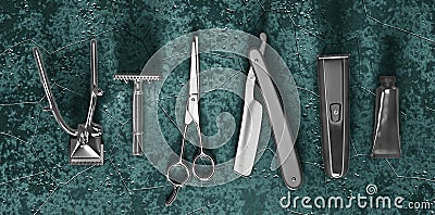 Barbershop tools on a dark background. Cartoon Illustration