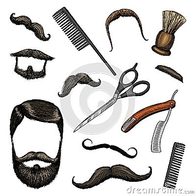 Barbershop tools icon set. man or hipster fashion. hair and beard and mustache, brush and razor for shaving. engraved Vector Illustration