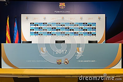 Press conference room for Spanish Super Cup, Barcelona, Cataloni Editorial Stock Photo