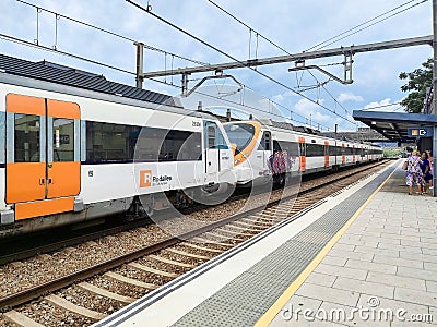 Barcelona - August 31, 2023: Rodalies de Catalunya, is a trademark used by the Generalitat de Catalunya and Renfe. Editorial Stock Photo