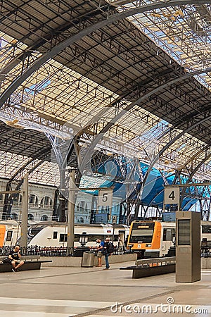 Barcelona - August 31, 2023: Structure and roof of the France station for trains in Barcelona. Art Nouveau style Editorial Stock Photo