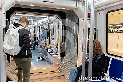 People in Metro of Barcleona without tourists in times of the Covid in 2021 Editorial Stock Photo