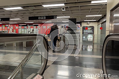 People in Metro of Barcleona without tourists in times of the Covid in 2021 Editorial Stock Photo