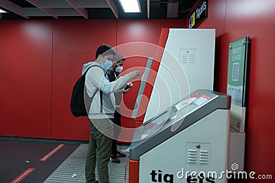 People in Metro of Barcleona without tourists in times of the Covid in 2021 Editorial Stock Photo