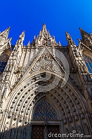 Barcelona, Catalonia, Europe, Spain, September 22, 2019. Details of the exterior Cathedral Holy Cross and Saint Eulalia. Was Editorial Stock Photo