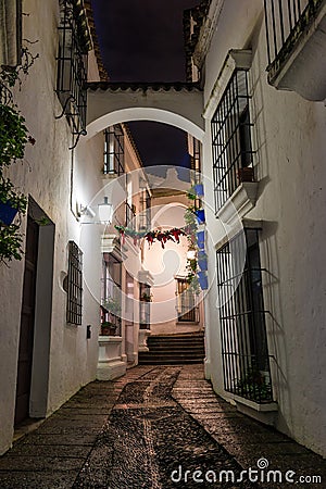 Night street in Poble Espanyol, Barcelona, Spain Editorial Stock Photo