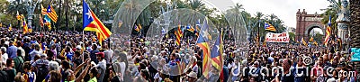 Barcelona, Catalonia, Spain, October 10, 2017: flags and people on rally Editorial Stock Photo