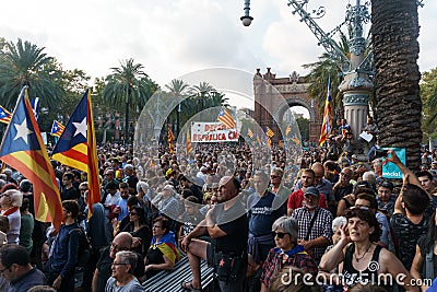 Barcelona, Catalonia, Spain, October 10, 2017: flags and people on rally Editorial Stock Photo