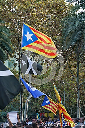 Barcelona, Catalonia, Spain, October 10, 2017: people on rally support Editorial Stock Photo