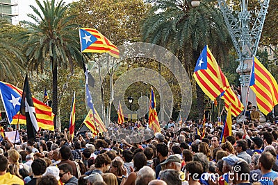 Barcelona, Catalonia, Spain, October 10, 2017: people on rally support Editorial Stock Photo