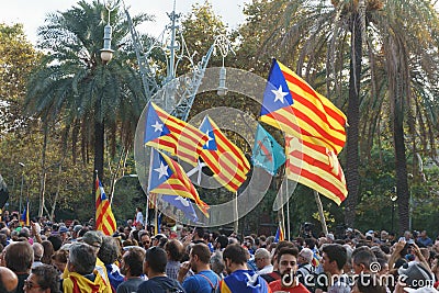 Barcelona, Catalonia, Spain, October 10, 2017: people on rally support Editorial Stock Photo