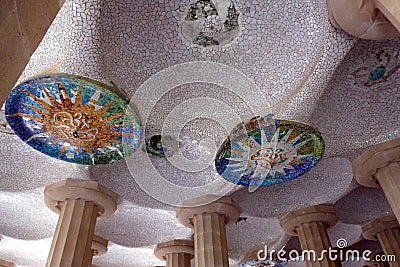 Artistic mosaic ceiling of the great hall at Guell park in Barcelona Editorial Stock Photo