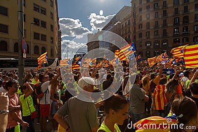 Barcelona, Catalonia, Spain, September 11, 2017: people on rally Editorial Stock Photo