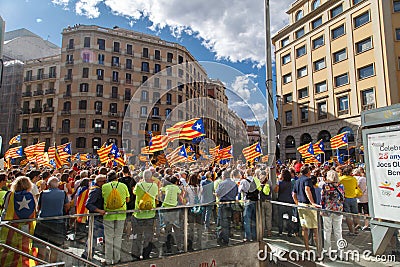Barcelona, Catalonia, Spain, September 11, 2017: people on rally support Editorial Stock Photo