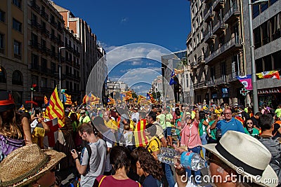 Barcelona, Catalonia, Spain, September 11, 2017: people on rally support Editorial Stock Photo