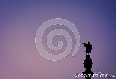 Barcelona Christopher Columbus statue silhouette over sunset and blue hour clear sky Stock Photo