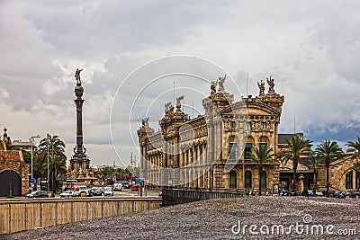 Barcelona Cilumbus monument Mirador de Colom, Catalonia, Spain. Bronze statue Editorial Stock Photo